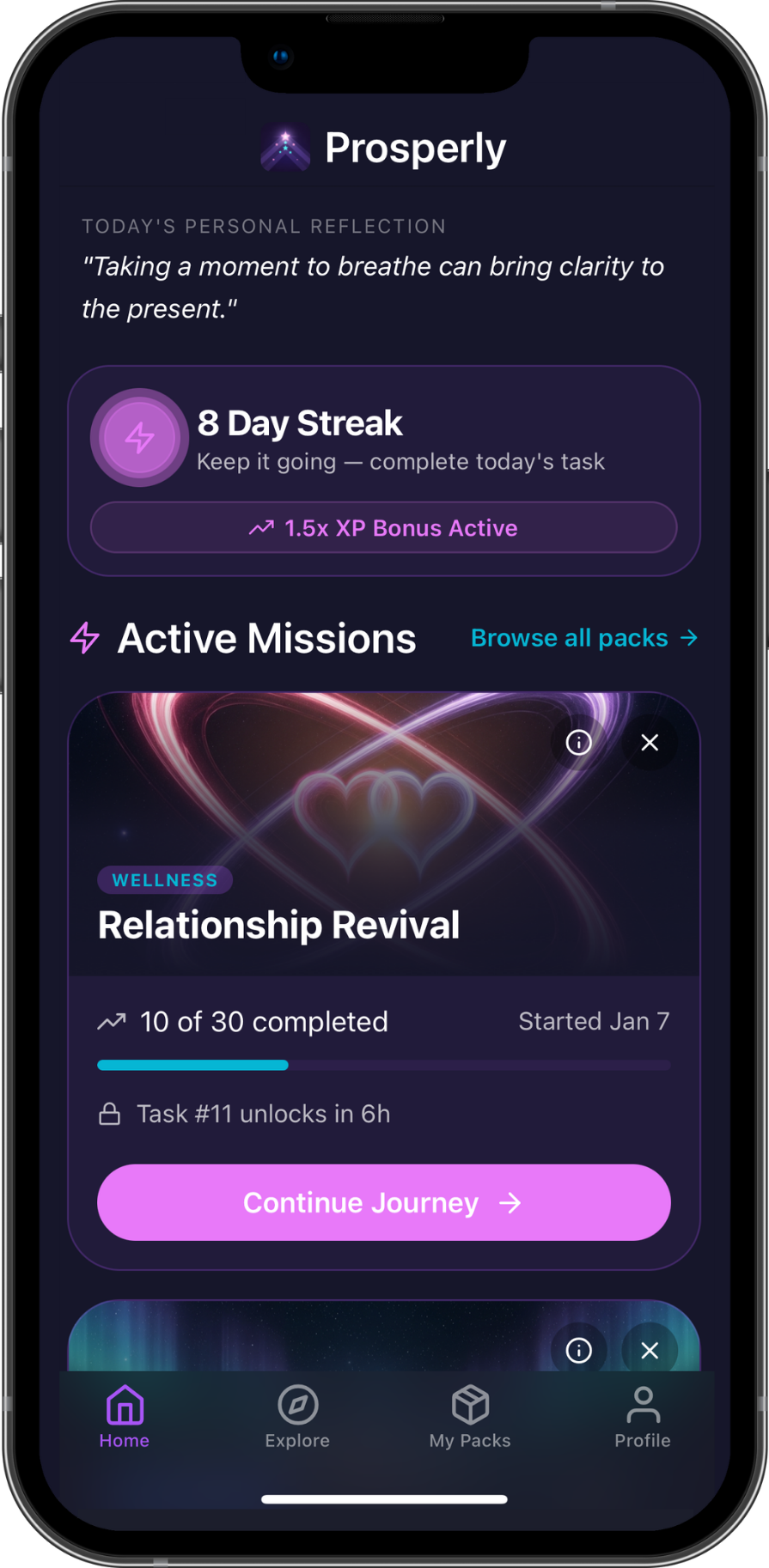 Dashboard showing daily progress and stats