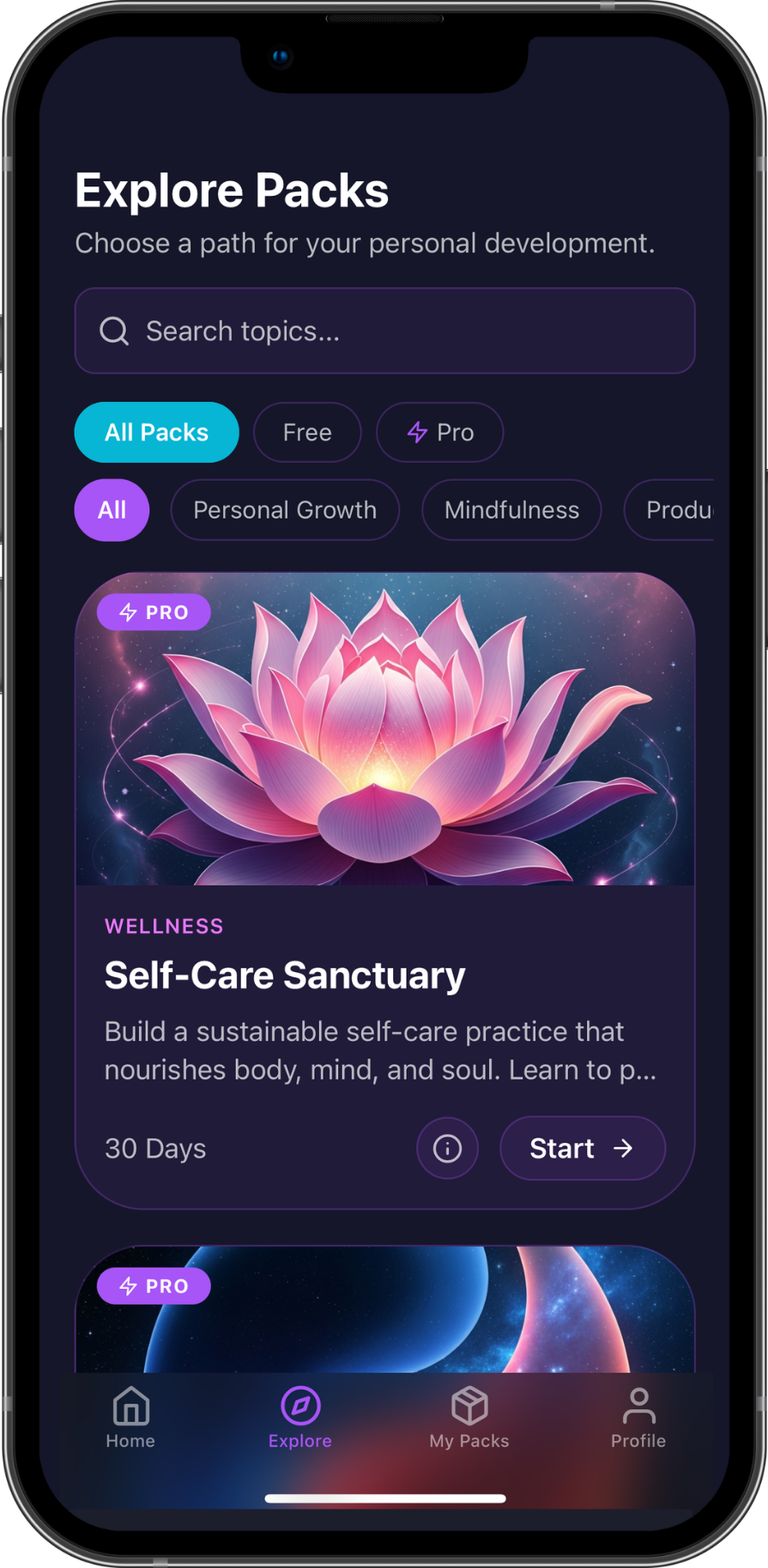 Explore screen showing available task packs